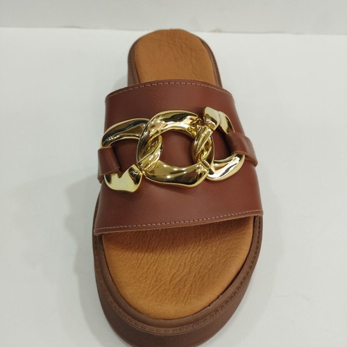 Leather sandals new, beige and brown, size 39, gold decoration
