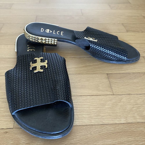 Dolce black sandals with gold detail and low heel