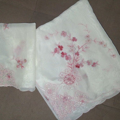 Set of 2 Small Handmade Vintage Table Linens with Pink Cutwork Embroidery like new