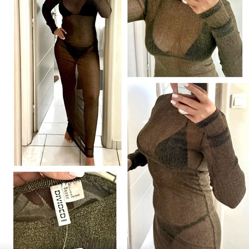 H&M Mermaid elastic mesh maxi bodycon dress black and gold