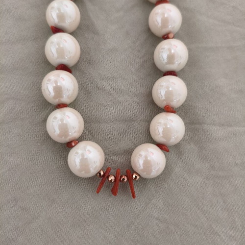 Handmade Necklace with Large Pearls and Natural Red Coral new