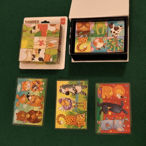 Wooden animal puzzle cubes set with guide cards, educational toy