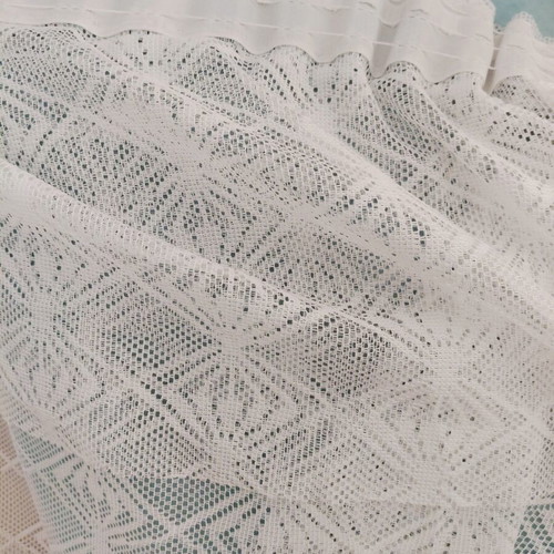 Two sewn white lace curtains, 2.5m height, 1.5m width each