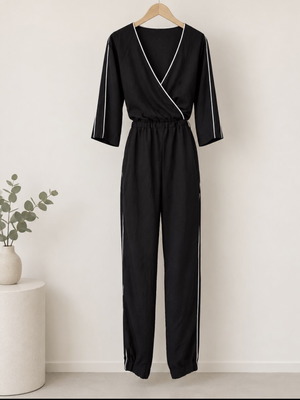 Zara γυναικεία κρουαζέ ολόσωμη φόρμα με μανίκια 3/4 σε μαύρο και λευκό, μέγεθος S