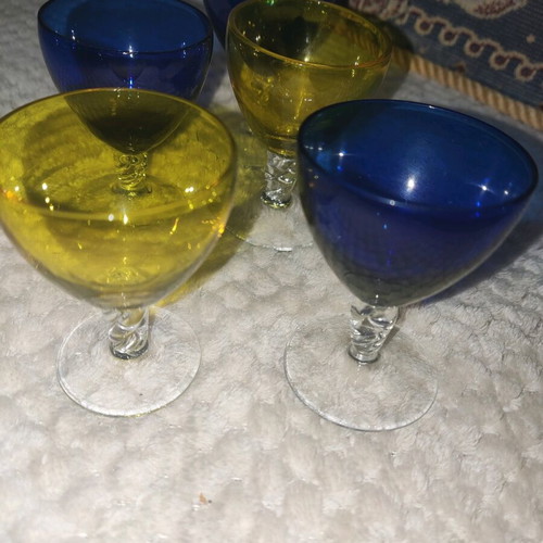 Vintage liqueur glasses, 5 rare colored pieces from France