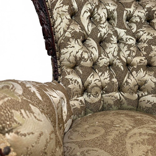 Hollywood Regency tufted armchairs used, mahogany carvings, set of two