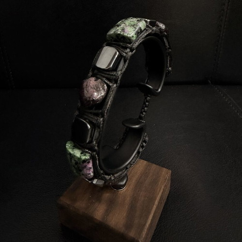 Men's leather bracelet with garnet, ruby zoisite, and hematite, new