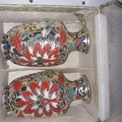 Cloisonné vase set used with carved wooden bases