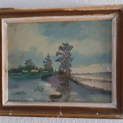 Retro landscape oil painting used, impressionist style with river and trees