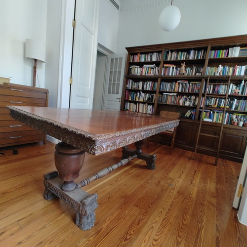 Solid Large Wooden Dining Table with Two Chairs used