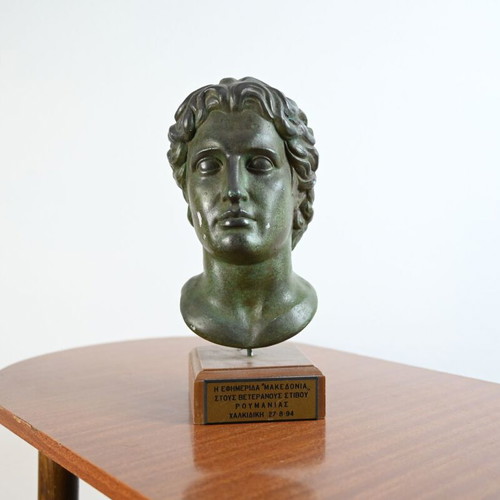 Bust of Alexander the Great used, commemorative award 1994 on wooden base
