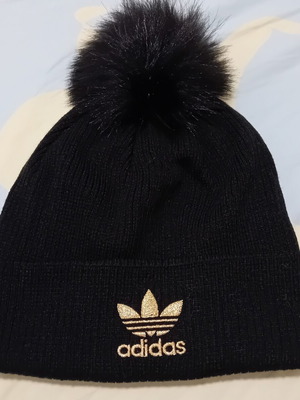 Adidas Originals black beanie with pom pom and gold logo