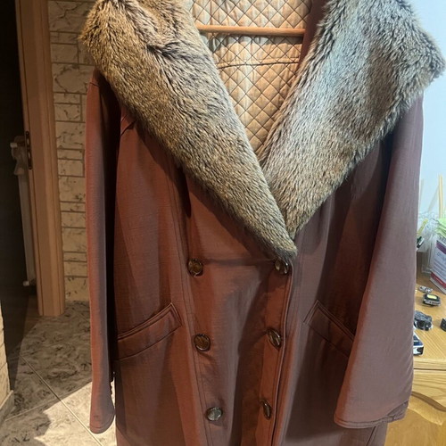 Coat like new chocolate color with fur collar and hood, size 40