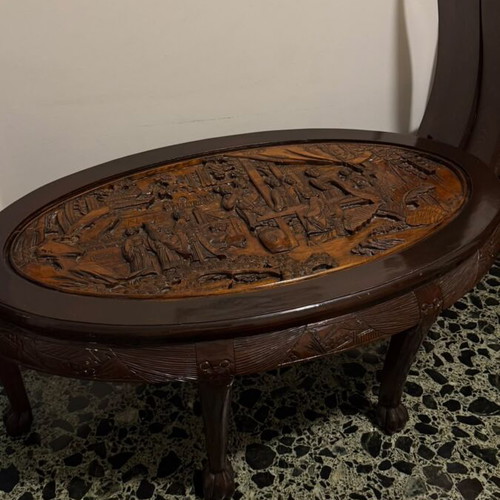 Vintage Chinese Hand-Carved Wooden Coffee Table with 3 Stools like new