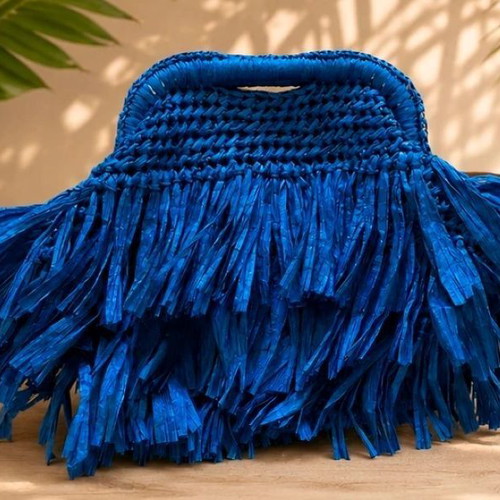 Handmade raffia bag with fringes, blue