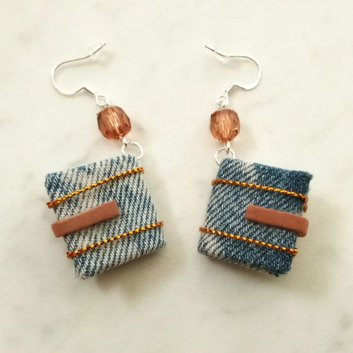 Handmade Earrings 'Βιβλιαράκι Ντενίμ' with Silver Hooks, Blue
