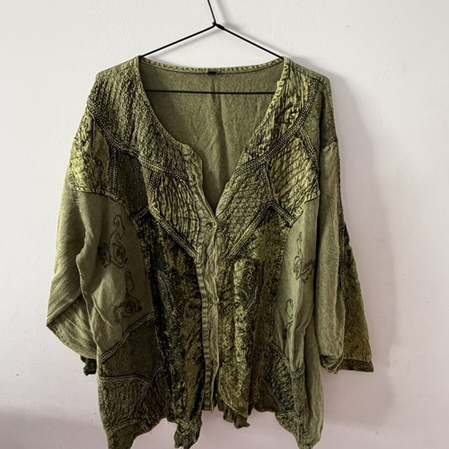 Vintage green patchwork embroidered boho blouse jacket, like new, size 2 XL