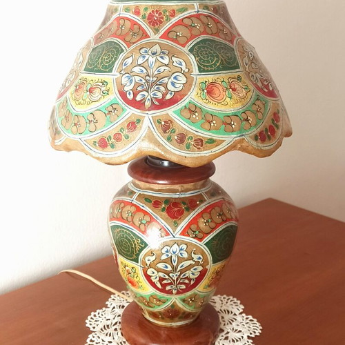 Vintage table lamp handmade from camel leather and wood, used