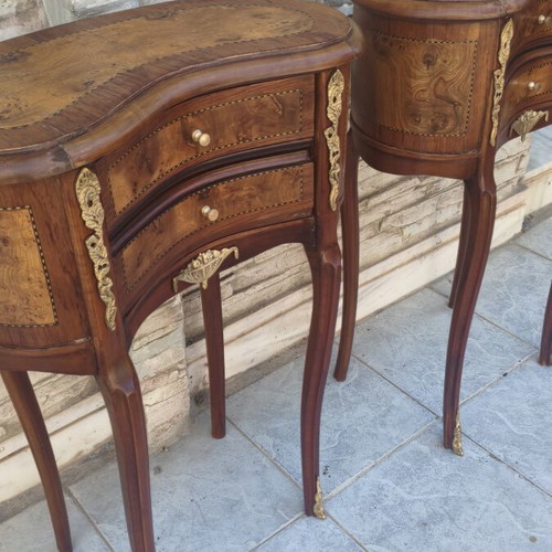 Nightstands pair walnut wood marquetry with brass decoration like new