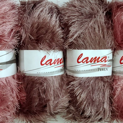 Lama Perla knitting yarn pack of 4, beige cigar and dusty pink furry threads