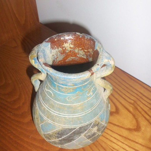 Ceramic decorative vase handmade water jug used, colorful geometric motifs