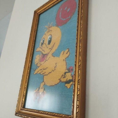 Premium vintage handmade Tweety embroidery in golden wooden frame, like new