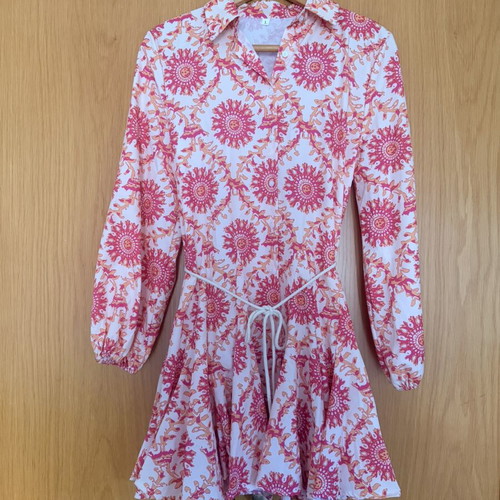 Shein printed mini dress with long sleeves, pink and beige