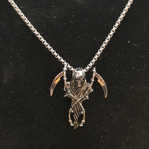 Gothic Grim Reaper Necklace with Double Scythes Silver Tone Pendant new