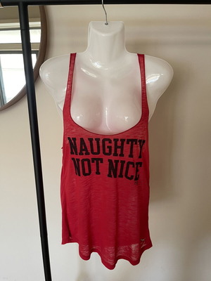 Pink sleeveless shirt M like new, Naughty not nice print, red