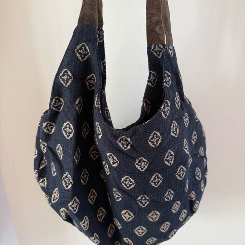 Nice Things shoulder bag used, cotton and leather, navy with pattern