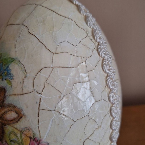 Large handmade Easter egg decoupage with decorative trim and crackle effect