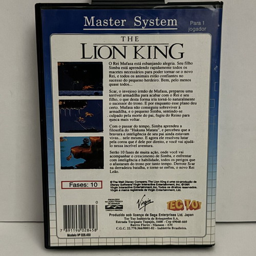 The Lion King Sega Master System game used, TecToy Brazilian edition