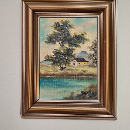 Vintage wall frame with house by the river painting on canvas