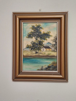Vintage wall frame with house by the river painting on canvas