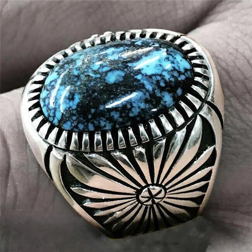 Men's ring with natural turquoise new, silver-plated melchior