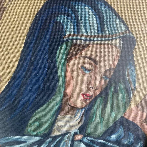 Vintage handmade embroidery of Virgin Mary in gold frame like new