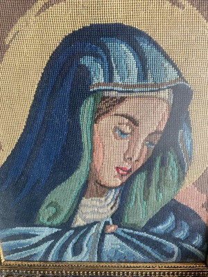 Vintage handmade embroidery of Virgin Mary in gold frame like new