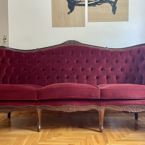 Vintage 70s couch like new, velvet, solid wood, red