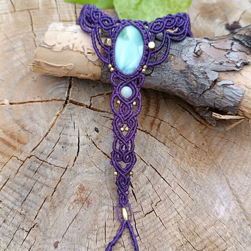 Macrame barefoot sandal with larimar semiprecious stone
