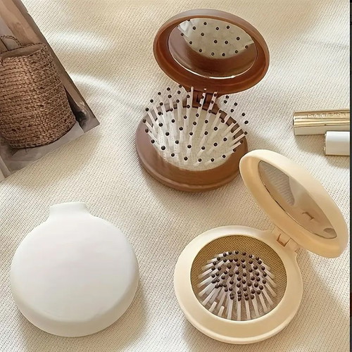 Compact mirror hairbrush cream color new