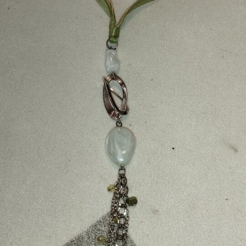 Long Boho Statement Necklace with Olive Ribbon, Stones & Hanging Chains