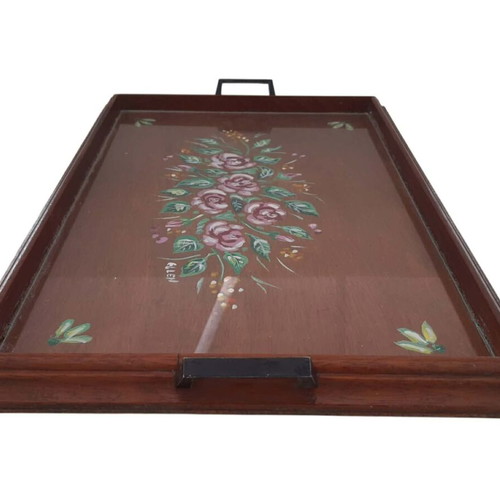 Wooden serving tray hand-painted with glass, used