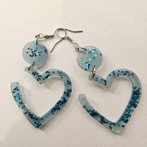 Blue heart-shaped earrings new, liquid glass with rhinestones