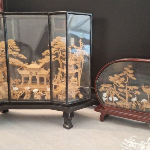 Handmade Chinese landscape cork diorama in glass case