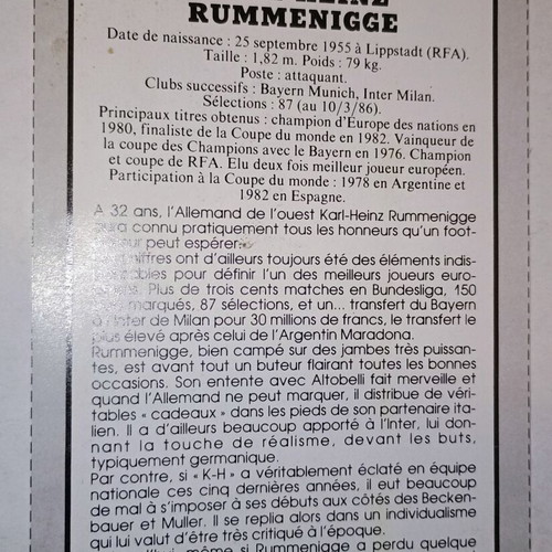 Karl-Heinz Rummenigge collectible card 1986, used