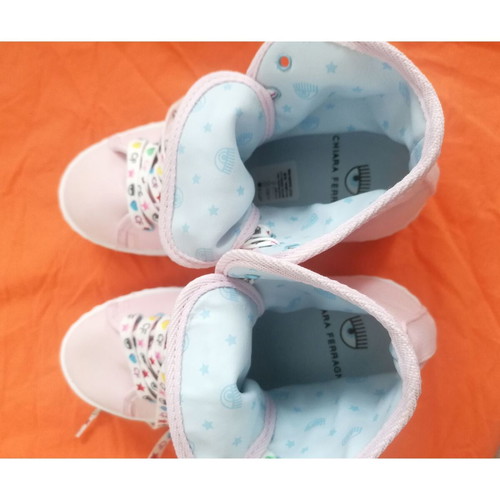 Chiara Ferragni pink canvas platform boots with decorative embroidery