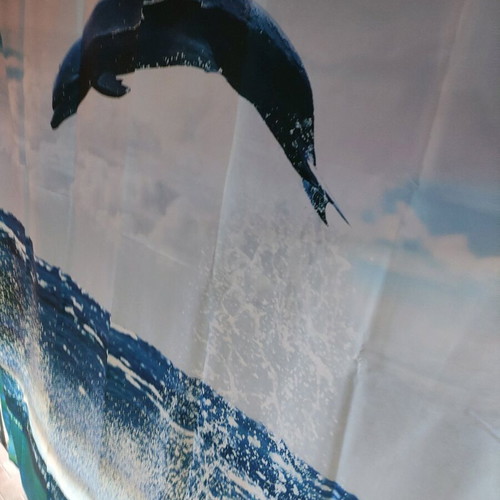Waterproof shower curtain with dolphin print and blue rings 2x1.80 new