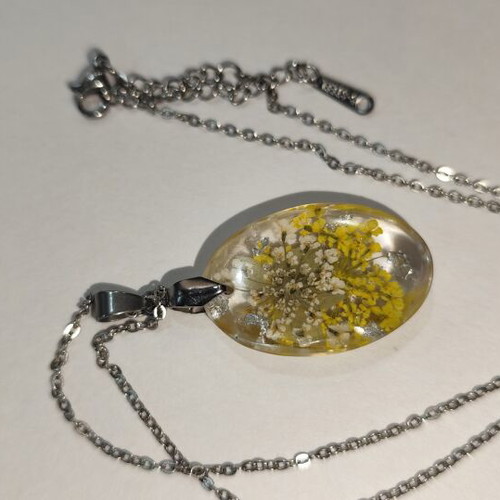 Handmade resin necklace with real dried flowers and silver flakes