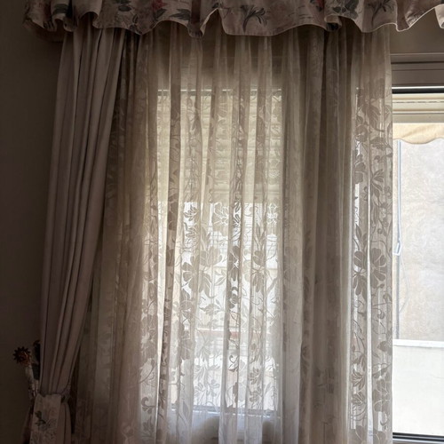 Curtain set used, 5 pieces with floral embroidered sheer and blackout curtains