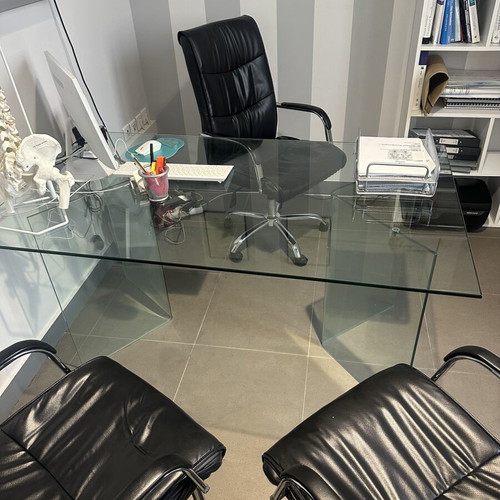 Glass desk with 3 chairs like new